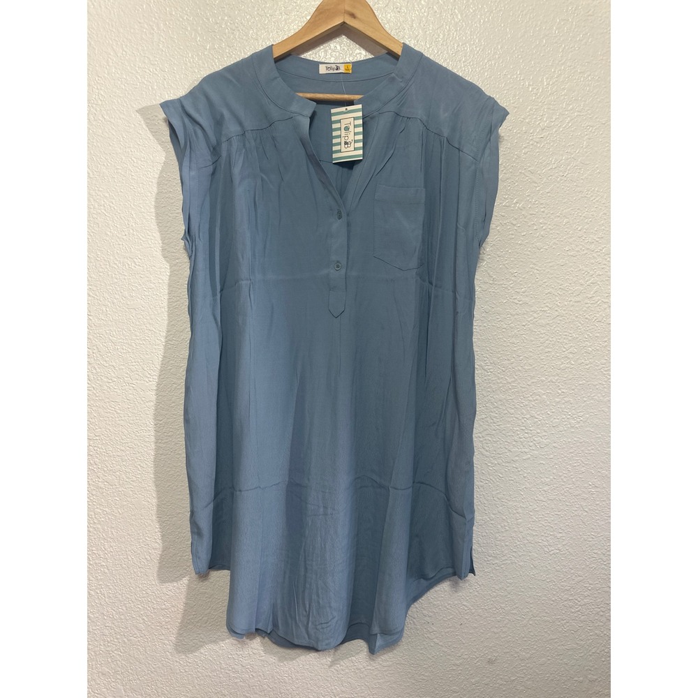 NWT Tulip B Light Blue Split Neck Cap Sleeve High Low Shift Dress Large - Picture 2 of 8